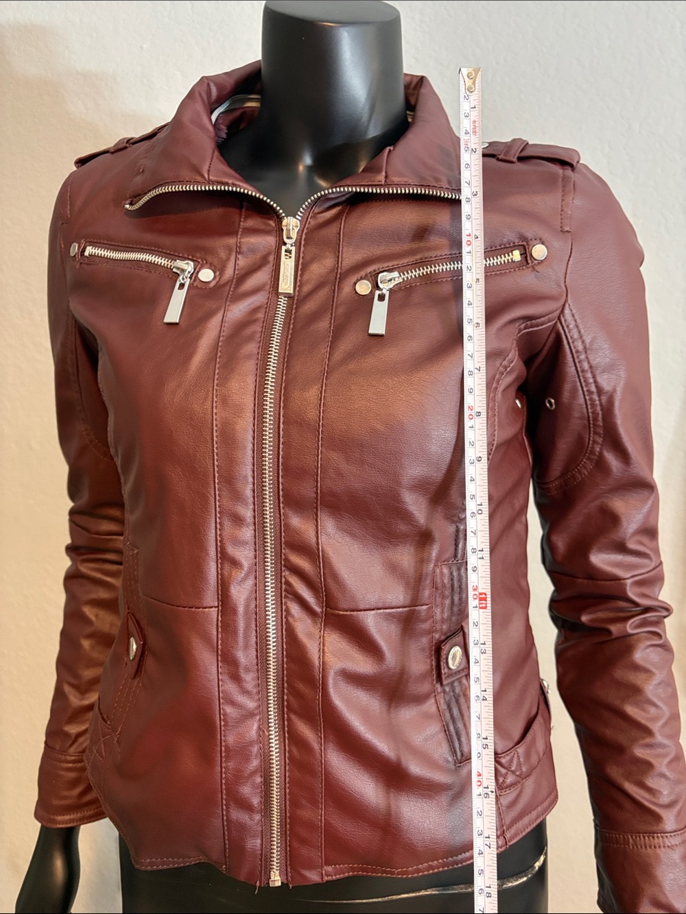 Jou Jou Wine Red Faux Leather Moto Jacket with Silver Zippers - Picture 5 of 10